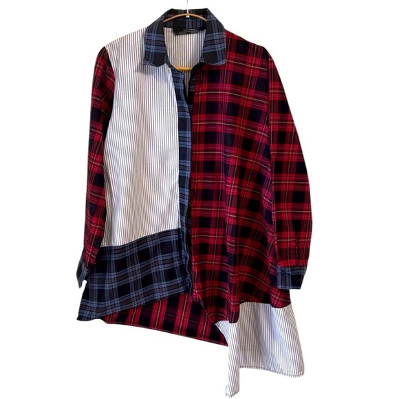 Zara Women Premium Denim Collection Plaid and Striped Long Sleeve Shirt Size XS - Picture 4 of 7